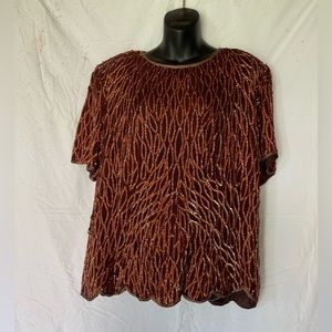 Jewel Queen | Brown Silk Scalloped Hem Sequin Top